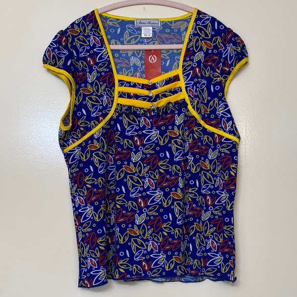 Anne Fashion Tops - Blue and Yellow Leaf Print Blouse